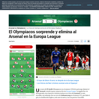 Arsenal vs Olympiacos El Olympiacos sorprende y elimina al Arsenal en la Europa League - Europa League-