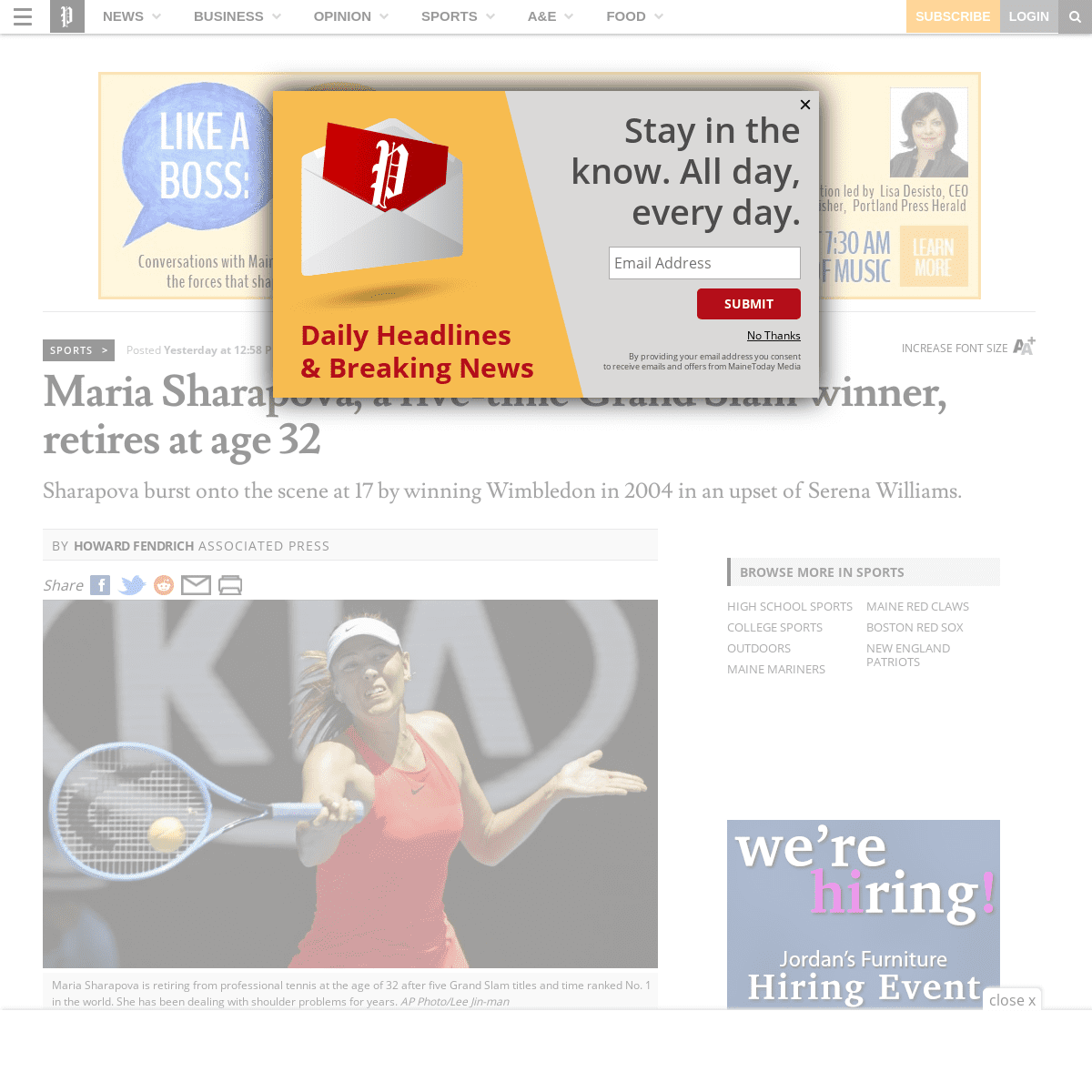 A complete backup of www.pressherald.com/2020/02/26/maria-sharapova-retires-from-tennis-after-winning-five-grand-slam-titles/