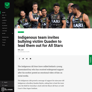 A complete backup of www.nrl.com/news/2020/02/20/indigenous-team-invites-bullying-victim-quaden-to-lead-them-out-for-all-stars/