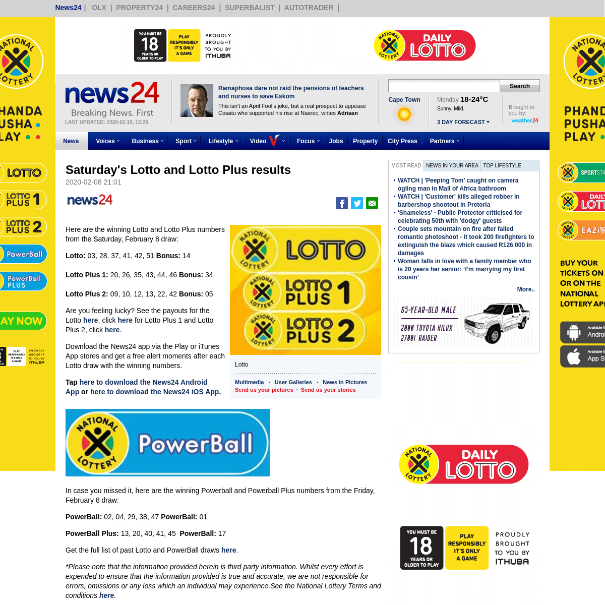 A complete backup of www.news24.com/Lottery/saturdays-lotto-and-lotto-plus-results-20200208-6