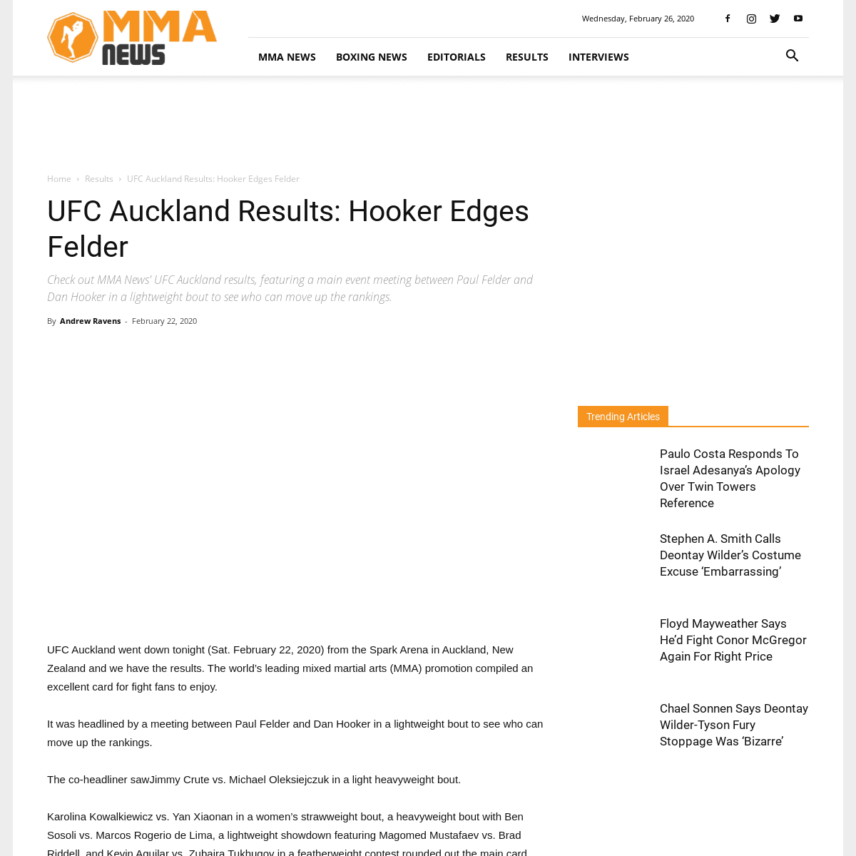 UFC Auckland Results- Hooker Edges Felder