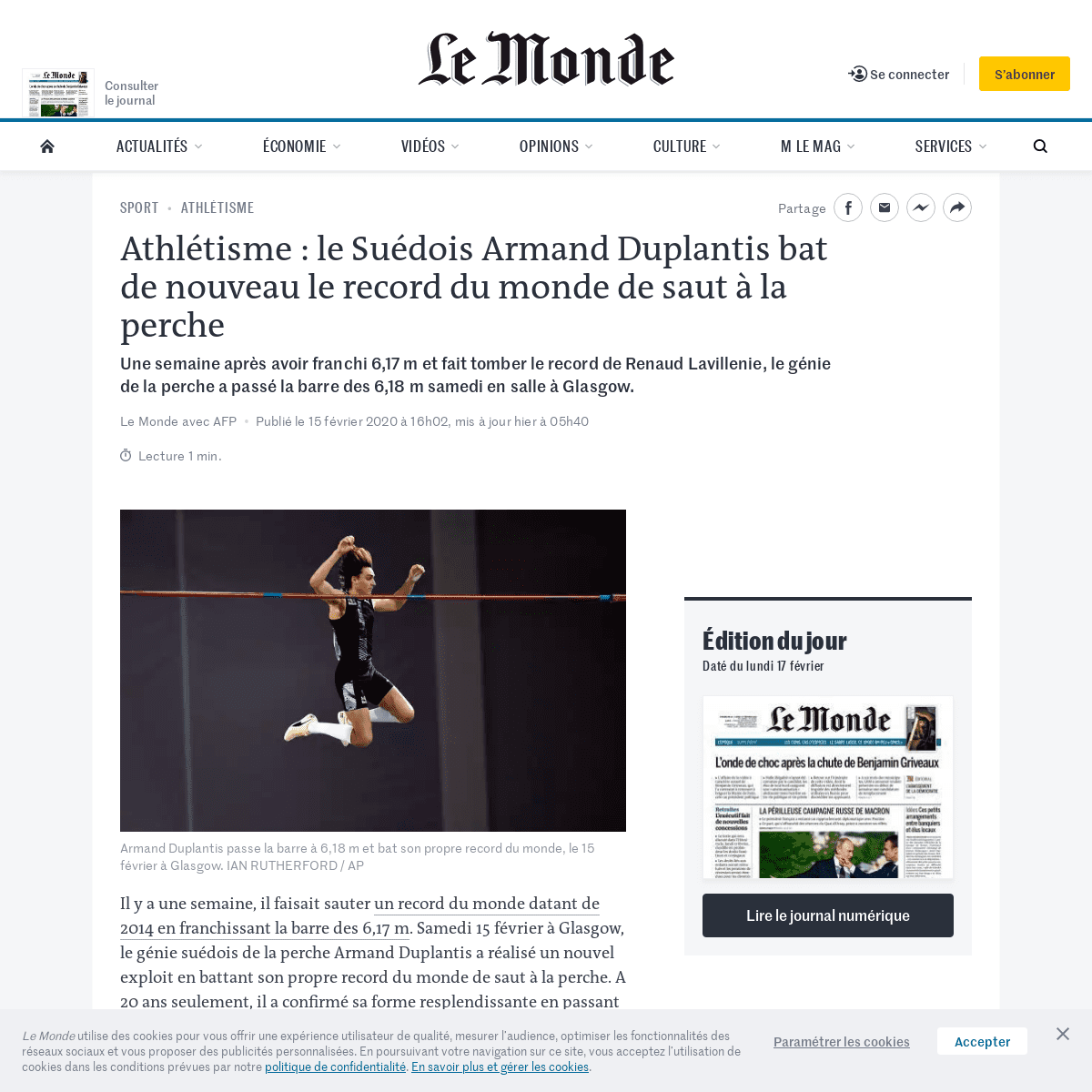AthlÃ©tismeÂ - le SuÃ©dois Armand Duplantis bat de nouveau le record du monde de saut Ã  la perche