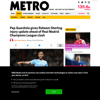 Pep Guardiola rates injured Raheem Sterling's chances of Real Madrid return - Metro News