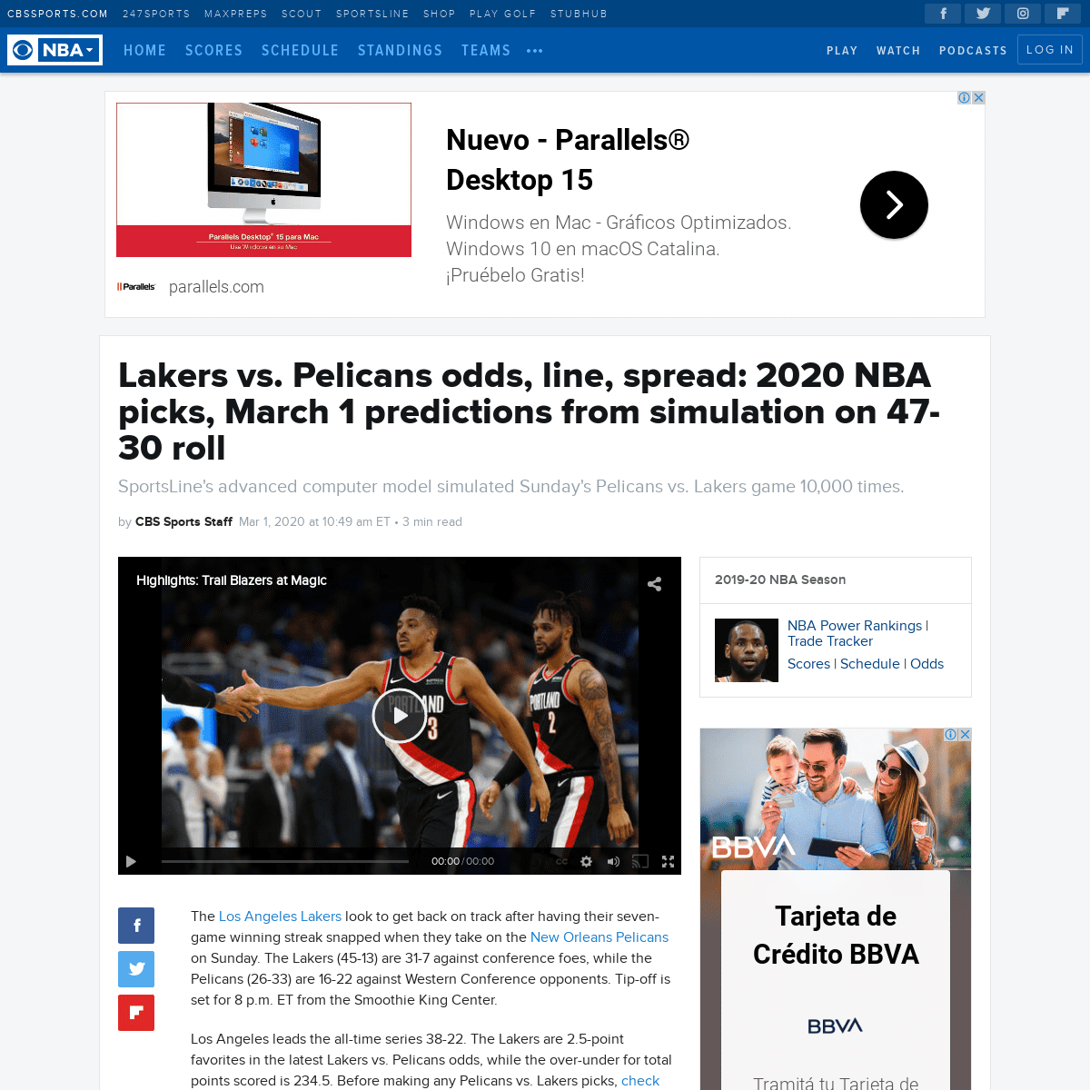 A complete backup of www.cbssports.com/nba/news/lakers-vs-pelicans-odds-line-spread-2020-nba-picks-march-1-predictions-from-simu