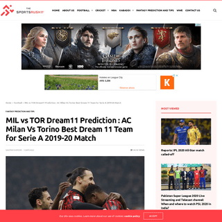 MIL vs TOR Dream11 Prediction - AC Milan Vs Torino Best Dream 11 Team for Serie A 2019-20 Match - The SportsRush