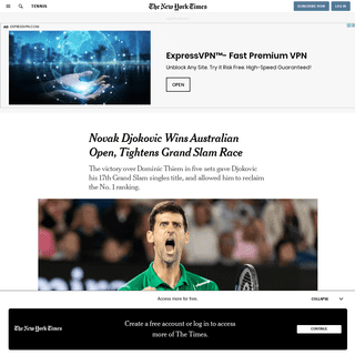 Novak Djokovic Wins Australian Open, Tightens Grand Slam Race - The New York Times