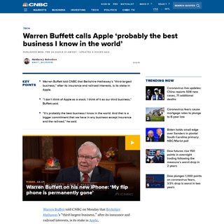 A complete backup of www.cnbc.com/2020/02/24/warren-buffett-says-apple-is-probably-the-best-business-i-know-in-the-world.html