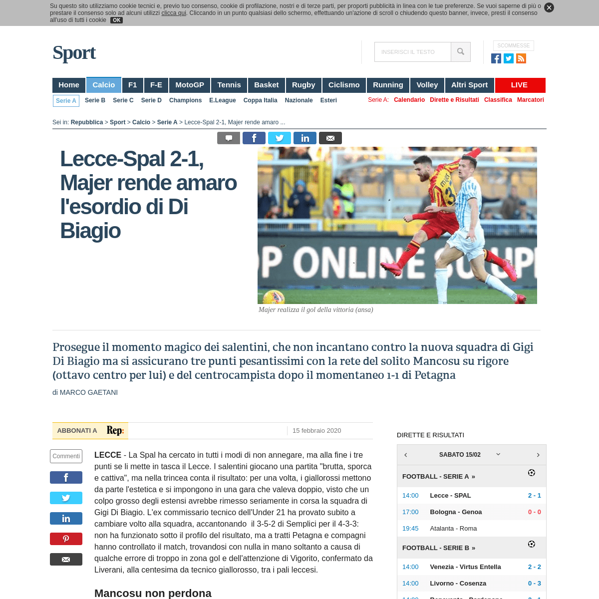 A complete backup of www.repubblica.it/sport/calcio/serie-a/2020/02/15/news/lecce-spal_2-1_majer_firma_il_terzo_successo_consecu