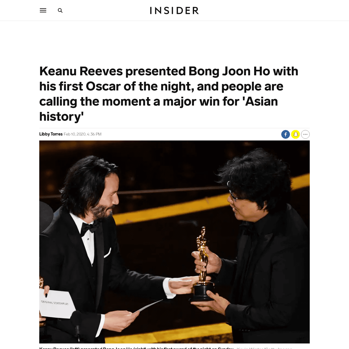 Oscars 2020- Keanu Reeves presented Bong Joon Ho with his first award - Insider