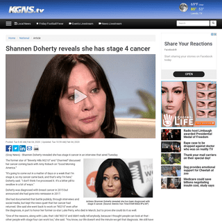 A complete backup of www.kgns.tv/content/news/Shannen-Doherty-reveals-she-has-stage-4-cancer-567553081.html