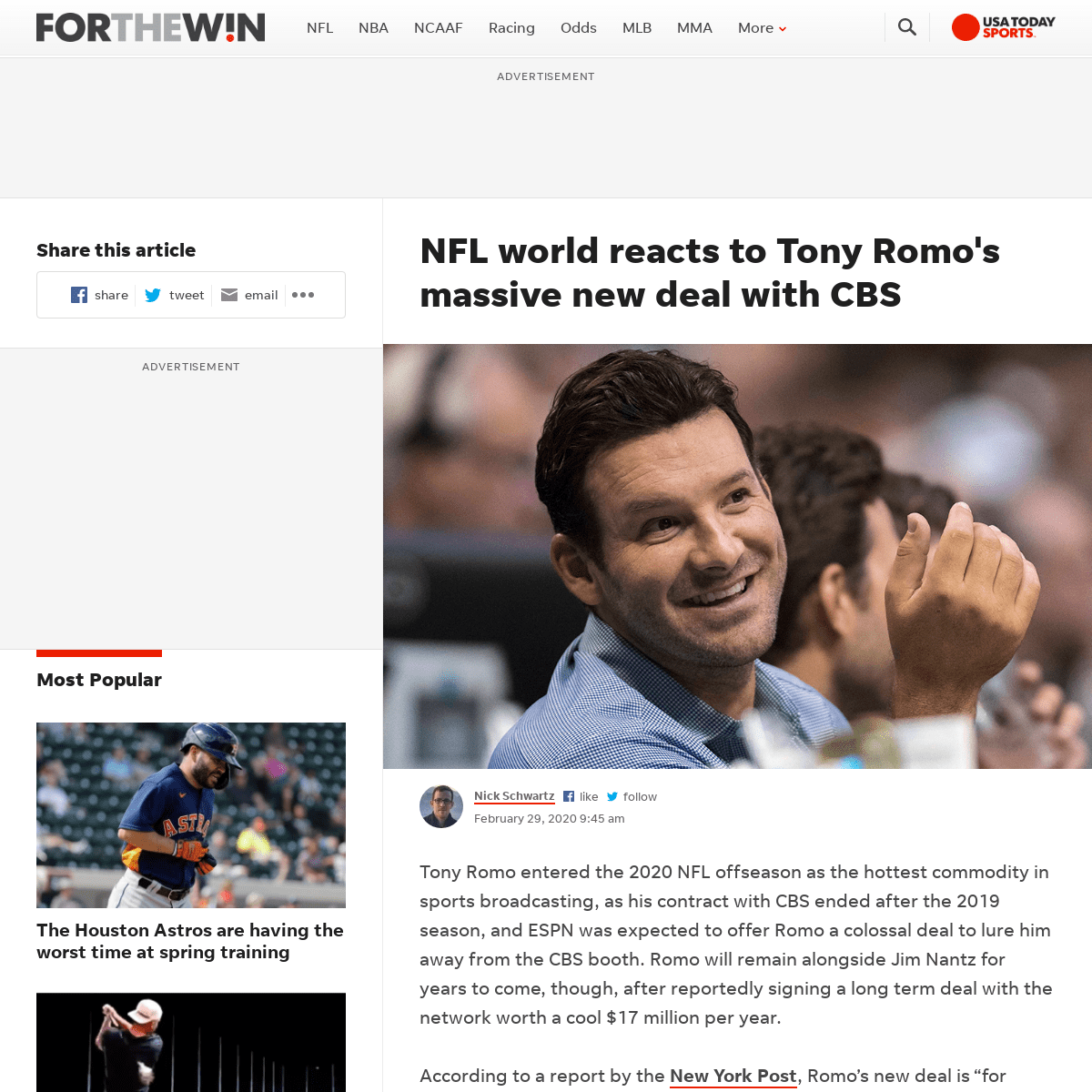 A complete backup of ftw.usatoday.com/2020/02/tony-romo-contract-cbs-reaction