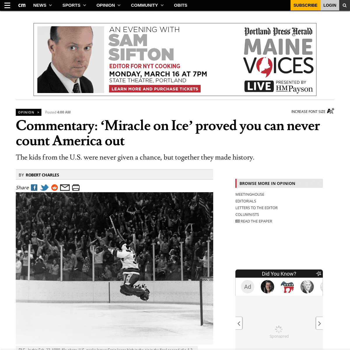 A complete backup of www.centralmaine.com/2020/02/22/commentary-miracle-on-ice-proved-you-can-never-count-america-out/