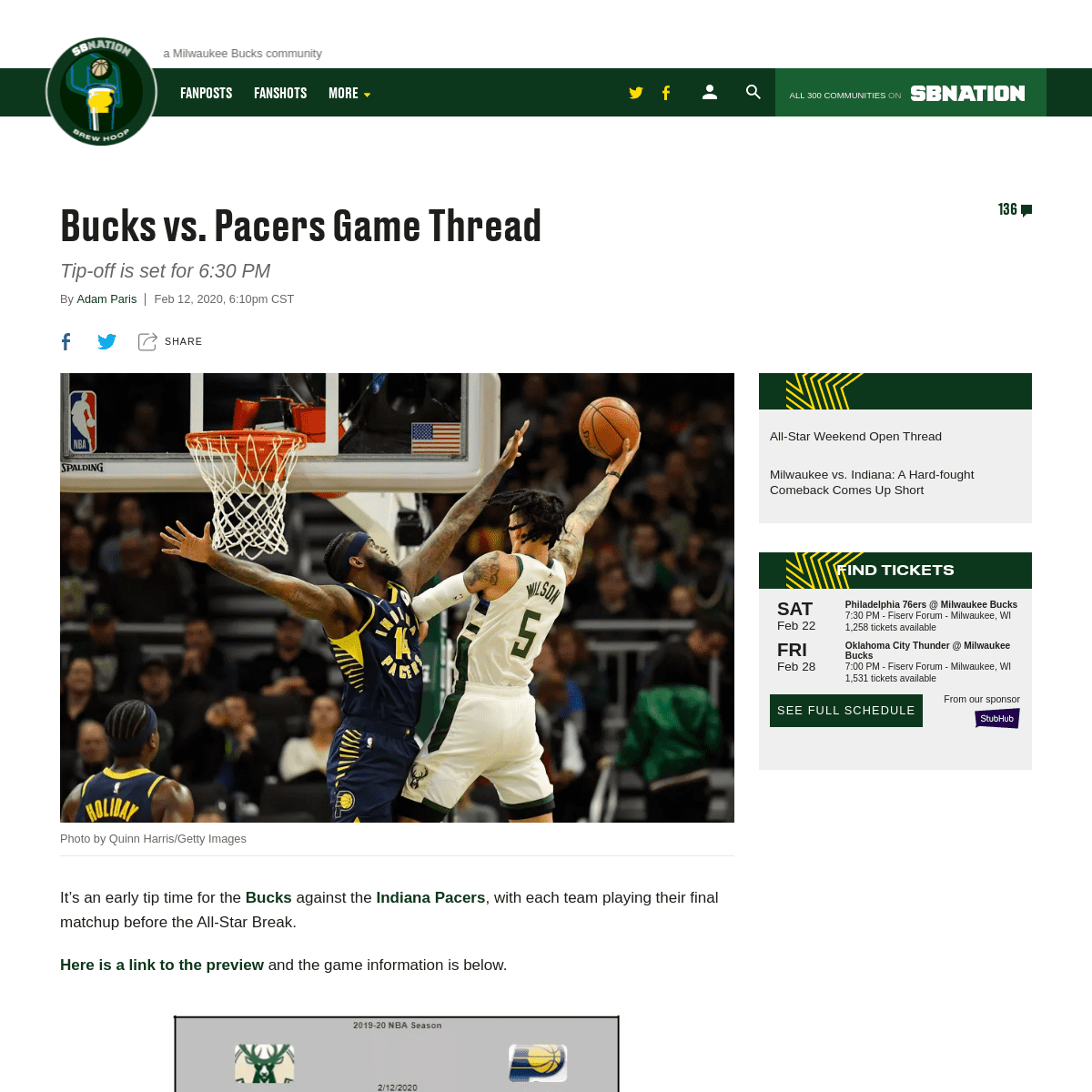 Bucks vs. Pacers Game Thread - Brew Hoop