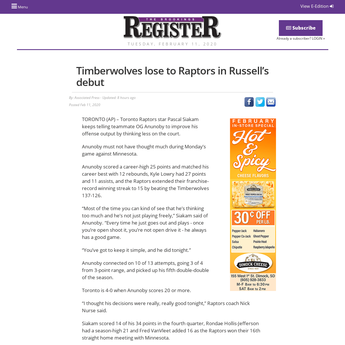 A complete backup of brookingsregister.com/article/timberwolves-lose-to-raptors-in-russells-debut