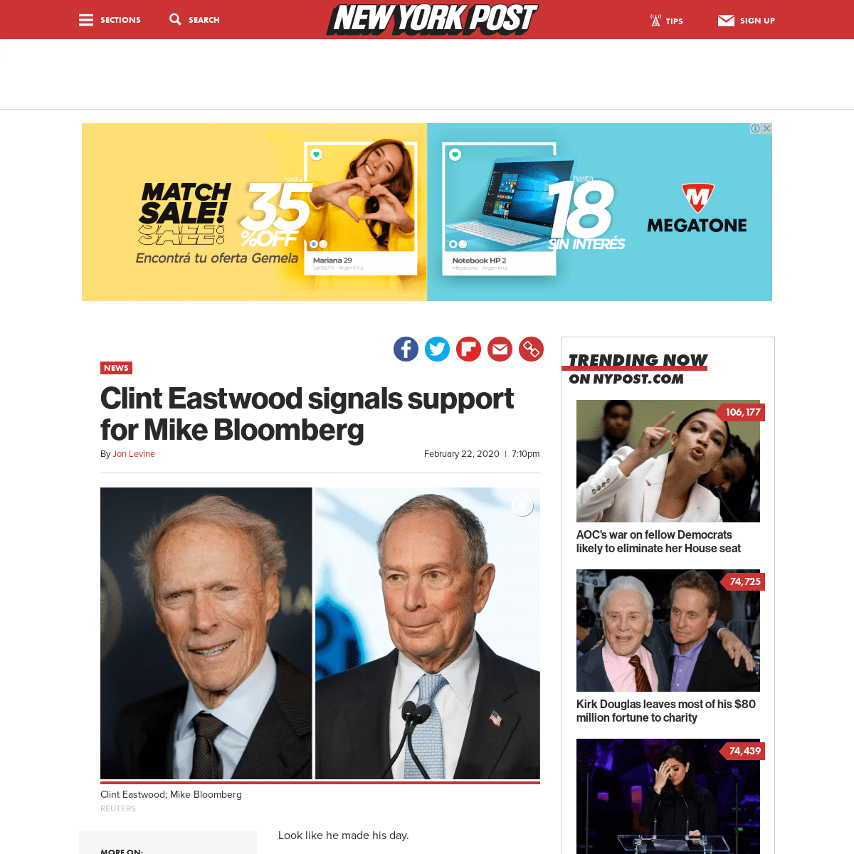 A complete backup of nypost.com/2020/02/22/clint-eastwood-signals-support-for-mike-bloomberg/