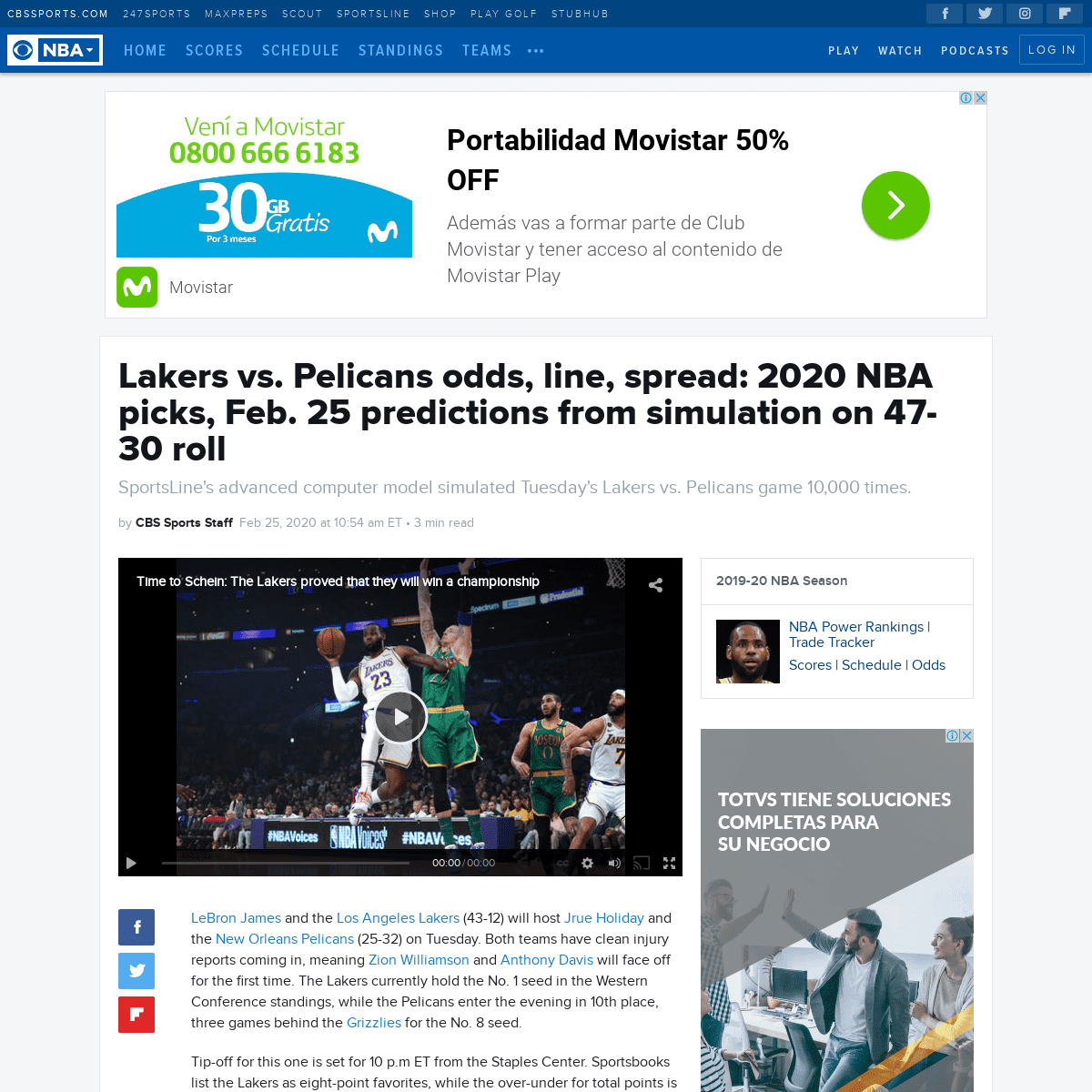 A complete backup of www.cbssports.com/nba/news/lakers-vs-pelicans-odds-line-spread-2020-nba-picks-feb-25-predictions-from-simul