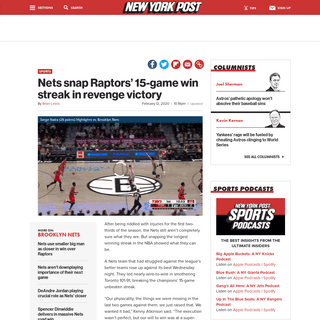 A complete backup of nypost.com/2020/02/12/nets-snap-raptors-15-game-win-streak-in-revenge-victory/