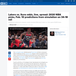 A complete backup of www.cbssports.com/nba/news/lakers-vs-suns-odds-line-spread-2020-nba-picks-feb-10-predictions-from-simulatio