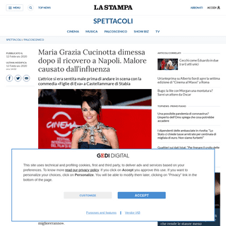 A complete backup of www.lastampa.it/spettacoli/palcoscenico/2020/02/12/news/maria-grazia-cucinotta-ricoverata-a-napoli-dopo-un-
