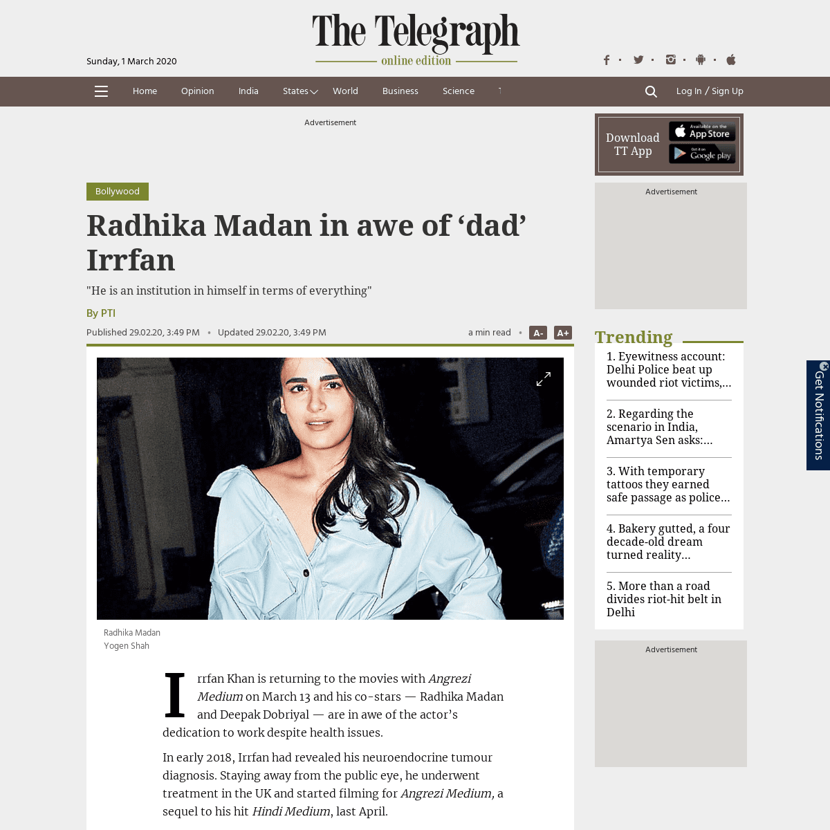 A complete backup of www.telegraphindia.com/entertainment/bollywood/radhika-madan-in-awe-of-dad-irrfan-khan/cid/1749792