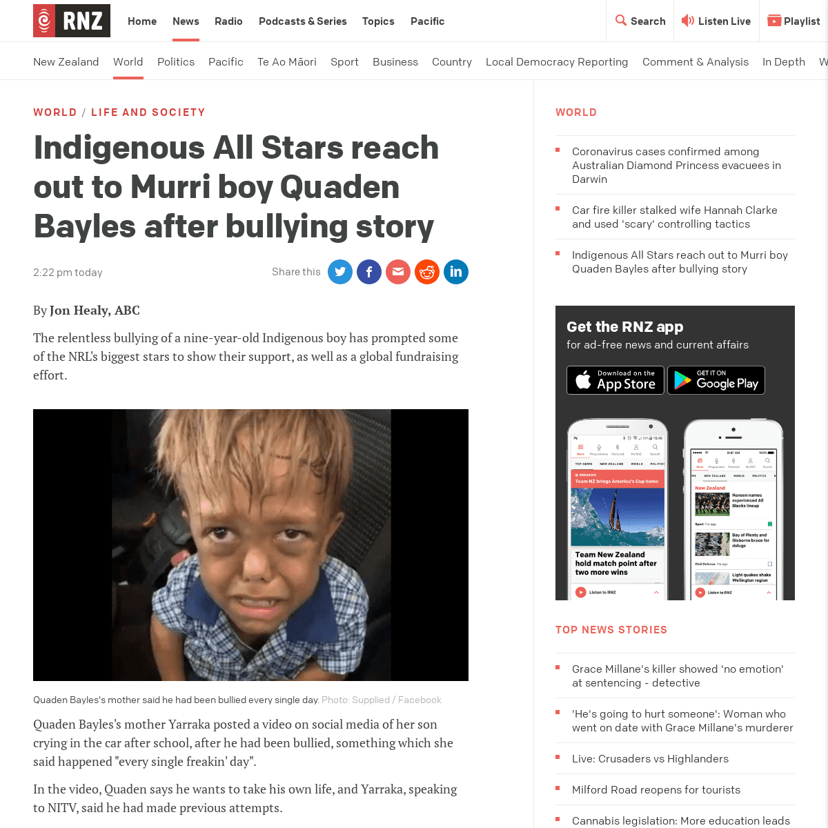 A complete backup of www.rnz.co.nz/news/world/410052/indigenous-all-stars-reach-out-to-murri-boy-quaden-bayles-after-bullying-st