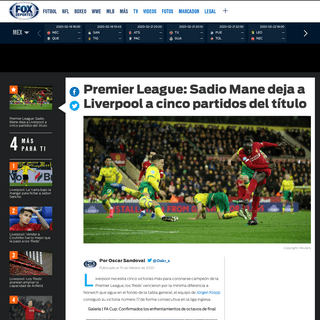 Premier League- Sadio Mane deja a Liverpool a cinco partidos del tÃ­tulo