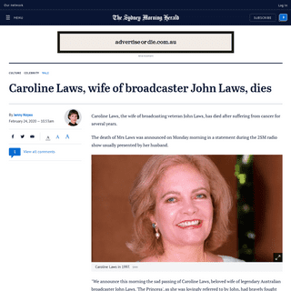 A complete backup of www.smh.com.au/culture/celebrity/caroline-laws-wife-of-broadcaster-john-laws-dies-after-cancer-battle-20200