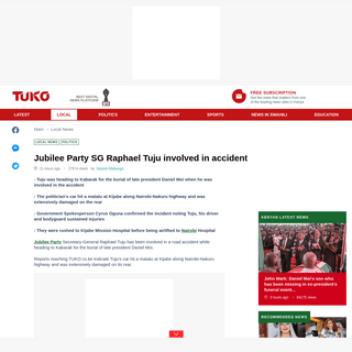 A complete backup of www.tuko.co.ke/339957-jubilee-party-sg-raphael-tuju-involved-accident.html
