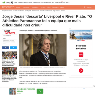 Jorge Jesus 'descarta' Liverpool e River Plate- -O Athletico Paranaense foi a equipa que mais dificuldade nos criou- - Brasil - 
