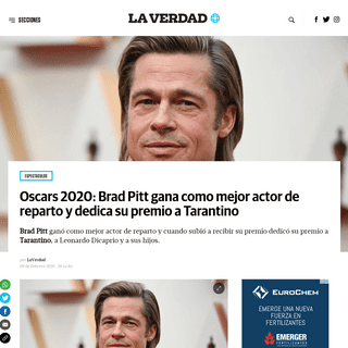 Oscars 2020- Brad Pitt gana como mejor actor de reparto y dedica su premio a Tarantino - La Verdad Noticias