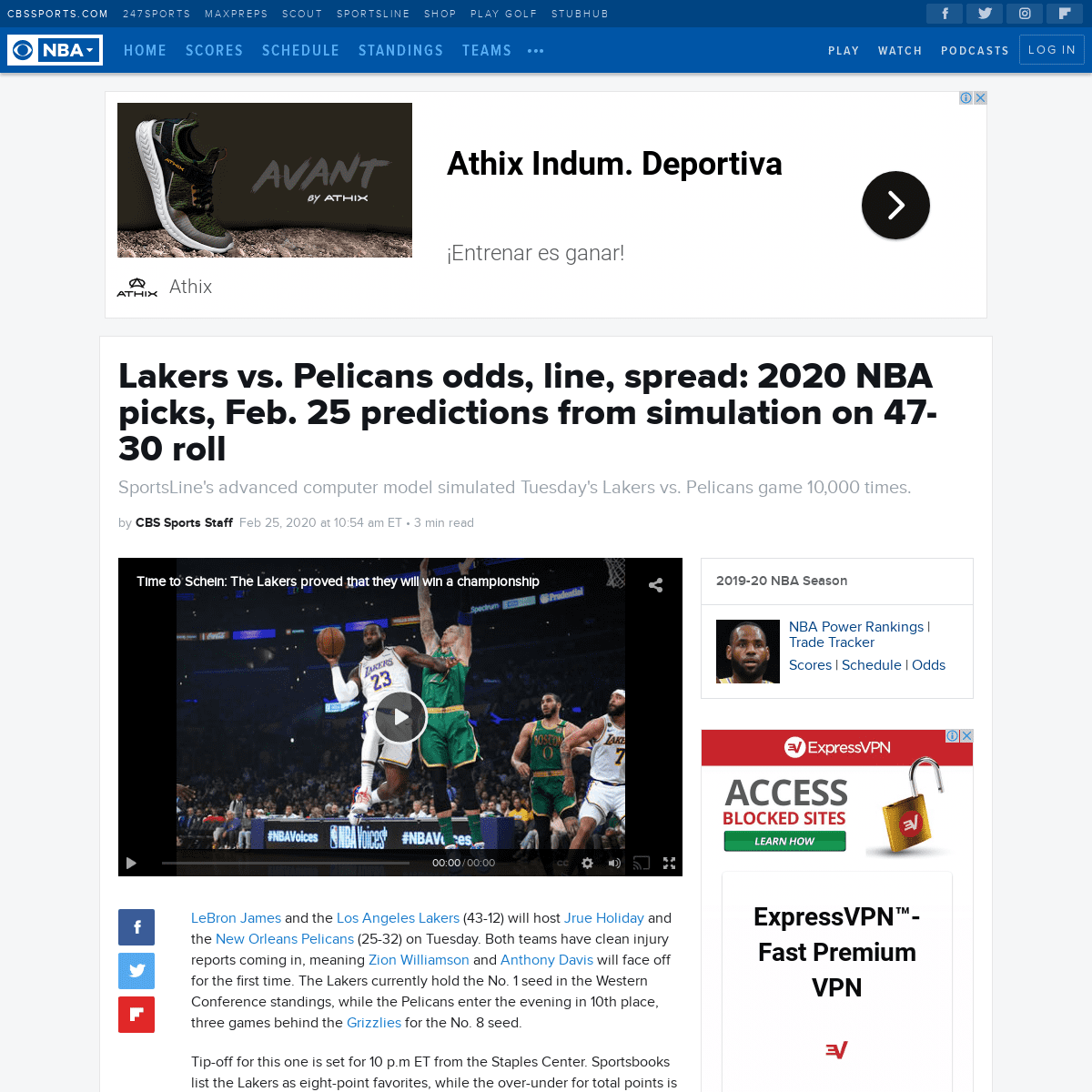 A complete backup of www.cbssports.com/nba/news/lakers-vs-pelicans-odds-line-spread-2020-nba-picks-feb-25-predictions-from-simul