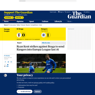 Ryan Kent strikes against Braga to send Rangers into Europa League last 16 - Football - The Guardian