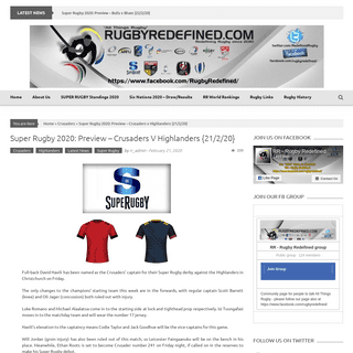 Super Rugby 2020- Preview â€“ Crusaders v Highlanders {21-2-20} â€“ RugbyRedefined