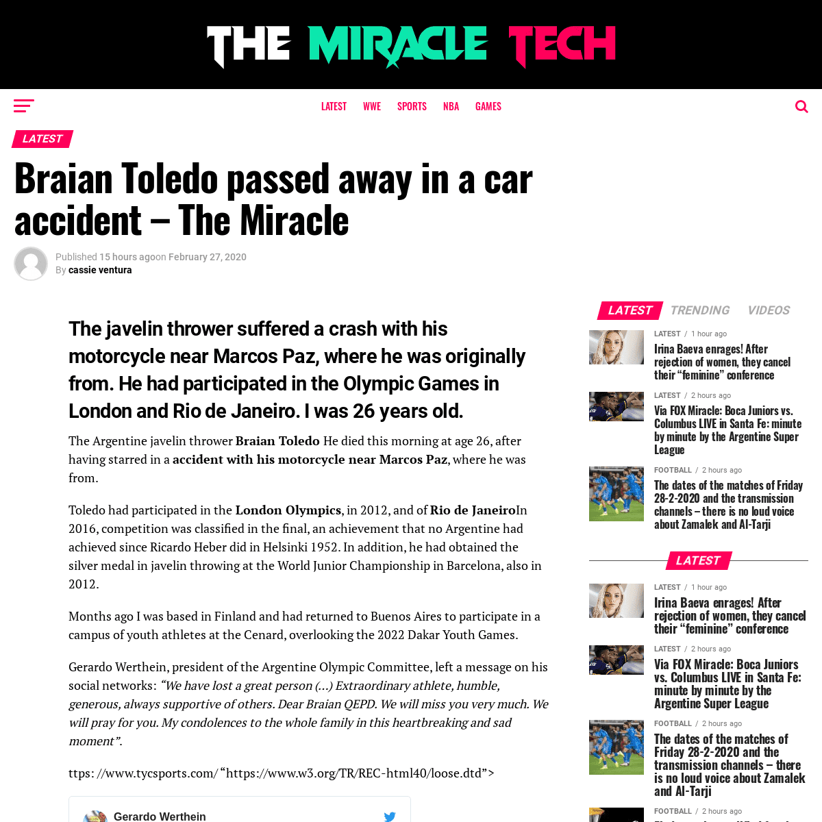 Braian Toledo passed away in a car accident - The Miracle