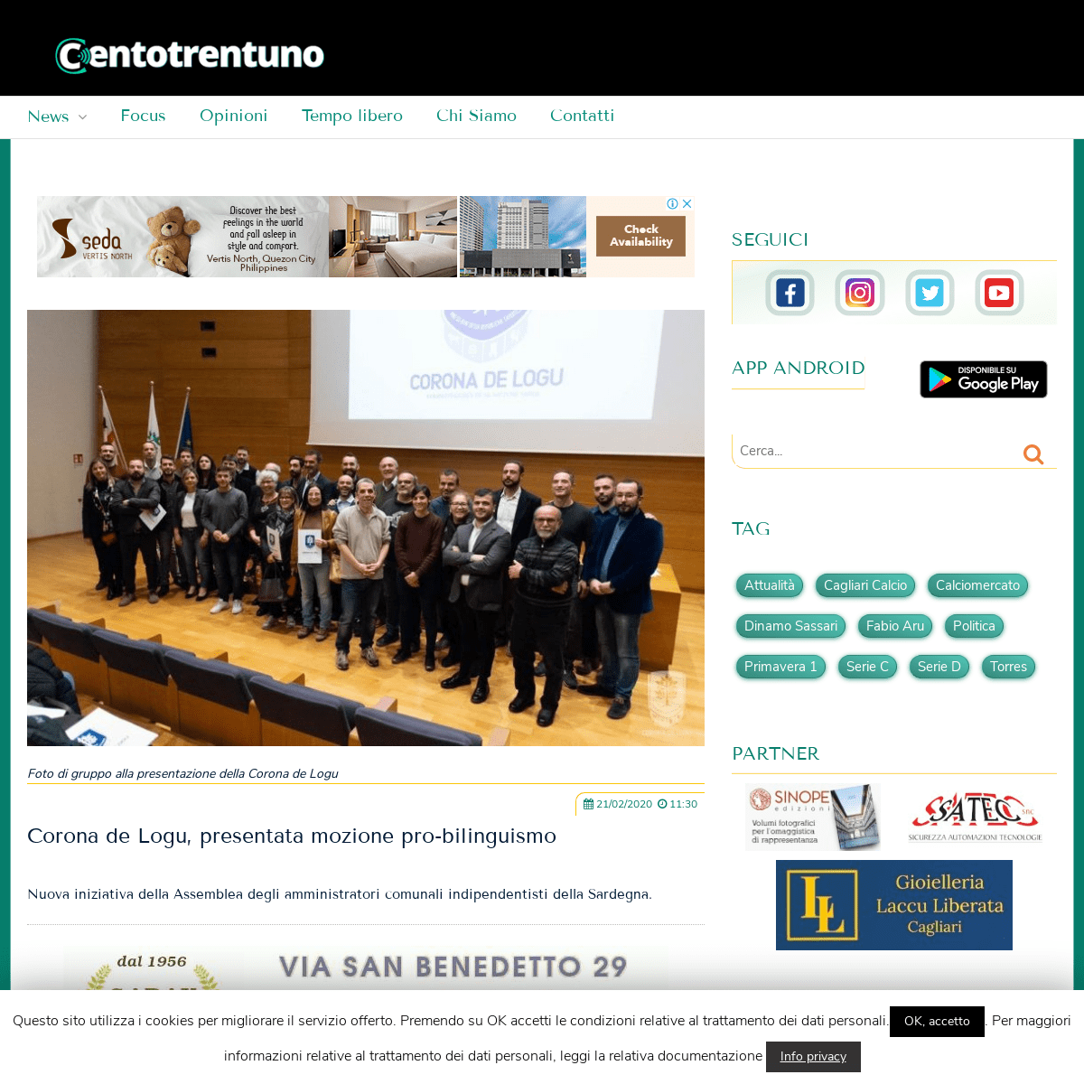 A complete backup of www.centotrentuno.com/news/corona-de-logu-presentata-mozione-pro-bilinguismo/