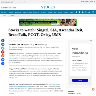 A complete backup of www.businesstimes.com.sg/stocks/stocks-to-watch-singtel-sia-ascendas-reit-breadtalk-fcot-oxley-ums