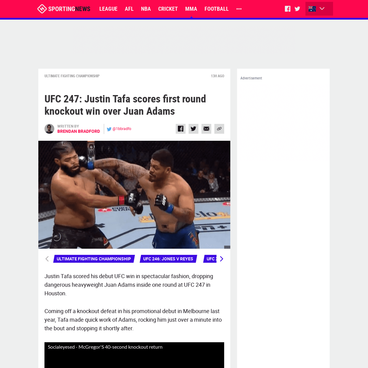 UFC 247- Justin Tafa scores first round knockout win over Juan Adams - Sporting News Australia