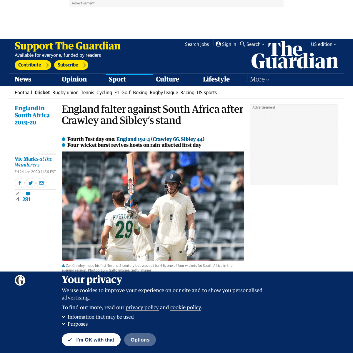 A complete backup of www.theguardian.com/sport/2020/jan/24/south-africa-england-fourth-test-day-one-report