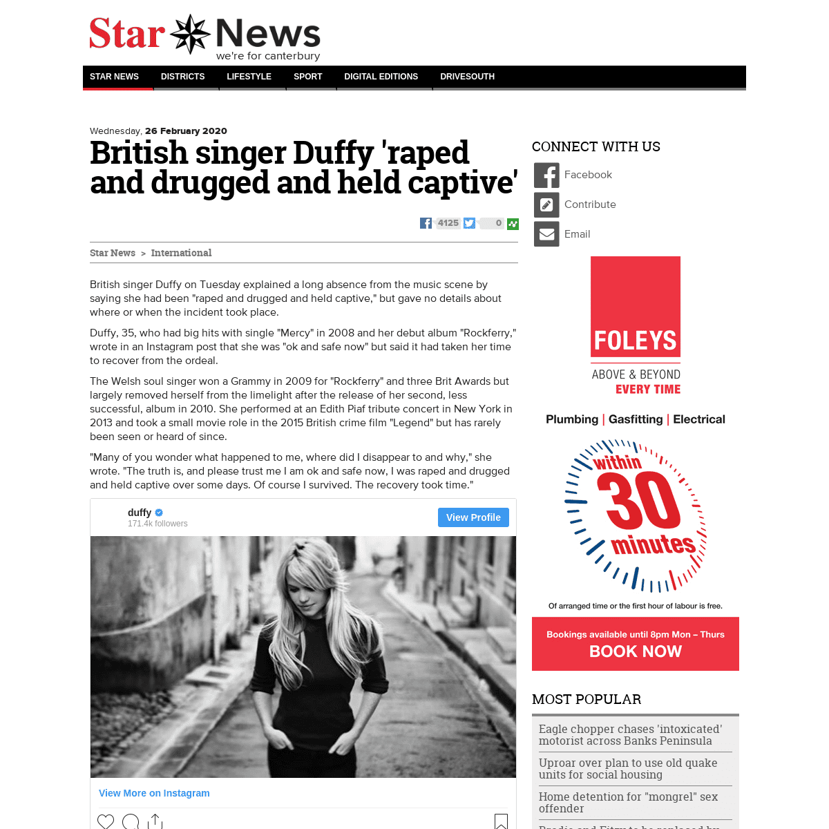 British singer Duffy 'raped and drugged and held captive' - Star News