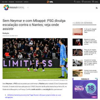 PSG sem Neymar contra o Nantes na Ligue 1; escalaÃ§Ã£o e onde assistir