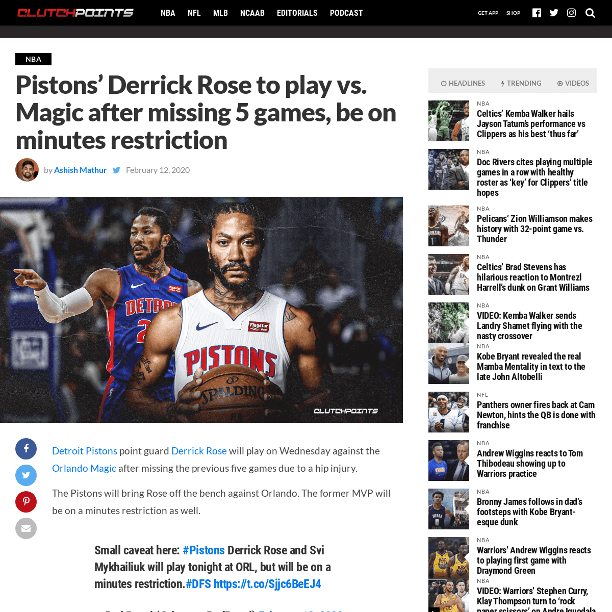 A complete backup of clutchpoints.com/pistons-news-derrick-rose-to-play-magic-after-missing-5-games-be-on-minutes-restriction/