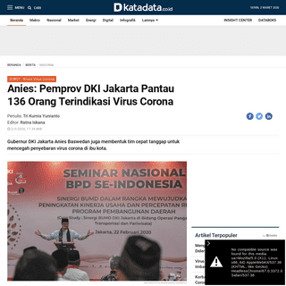 Anies- Pemprov DKI Jakarta Pantau 136 Orang Terindikasi Virus Corona - Berita Katadata.co.id