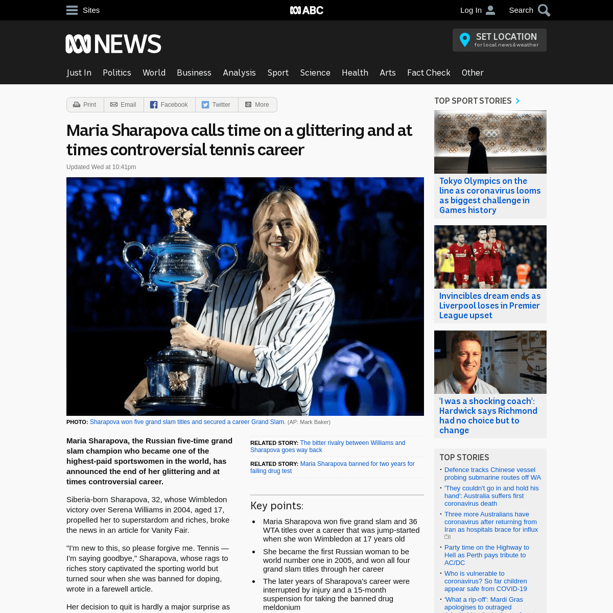 A complete backup of www.abc.net.au/news/2020-02-27/russian-tennis-champ-maria-sharapova-announces-her-retirement/12005304
