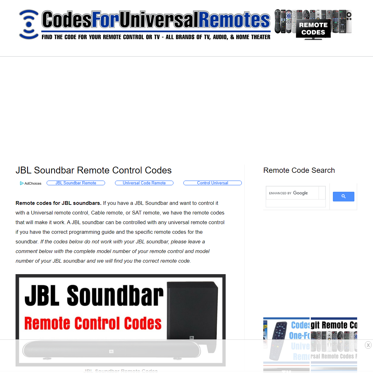 JBL Soundbar Remote Control Codes - Codes For Universal Remotes