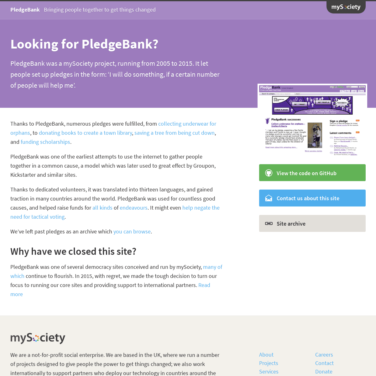 A complete backup of https://pledgebank.com
