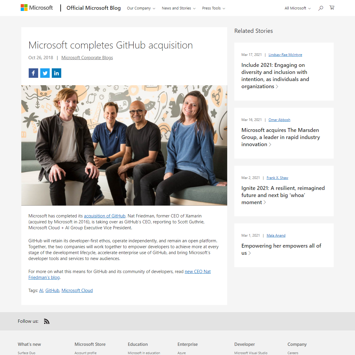 A complete backup of https://blogs.microsoft.com/blog/2018/10/26/microsoft-completes-github-acquisition/