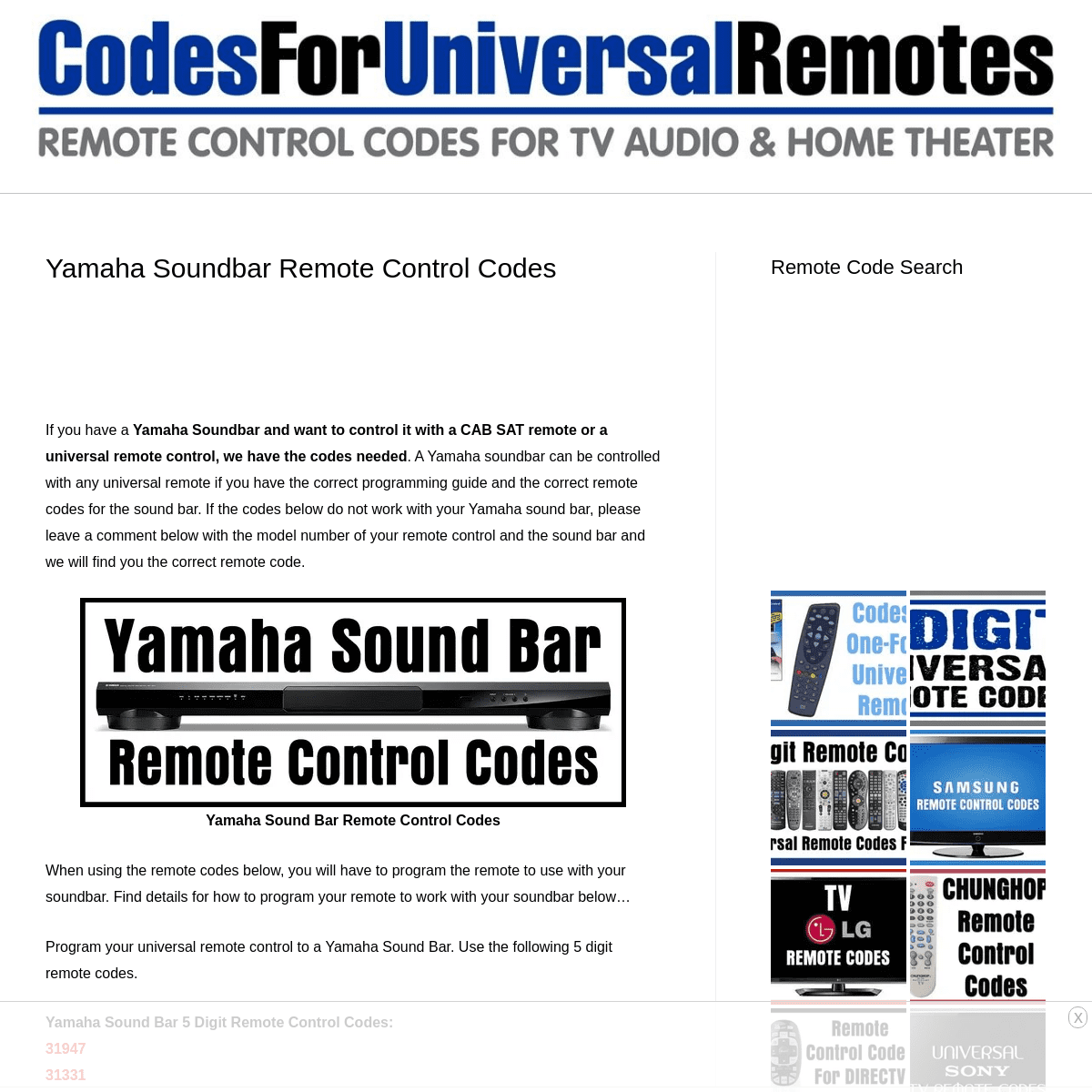 A complete backup of https://codesforuniversalremotes.com/remote-control-codes-for-yamaha-sound-bars/