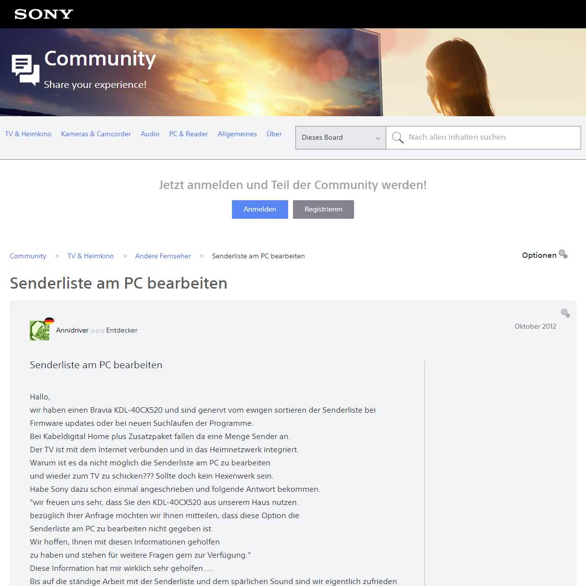 A complete backup of https://community.sony.ch/t5/andere-fernseher/senderliste-am-pc-bearbeiten/td-p/370601