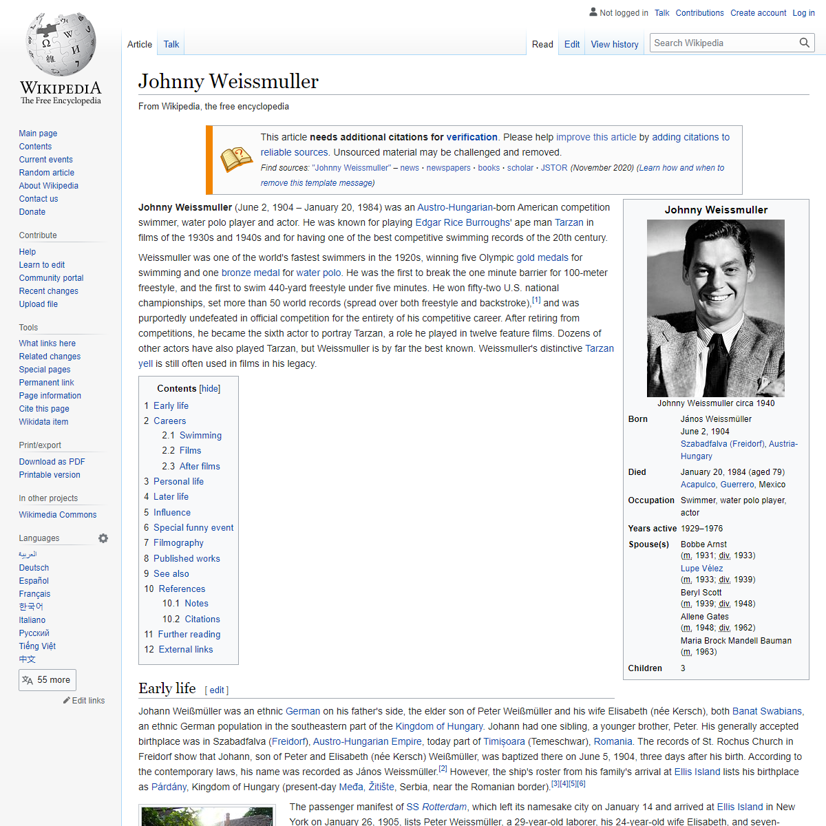 A complete backup of https://en.wikipedia.org/wiki/Johnny_Weissmuller