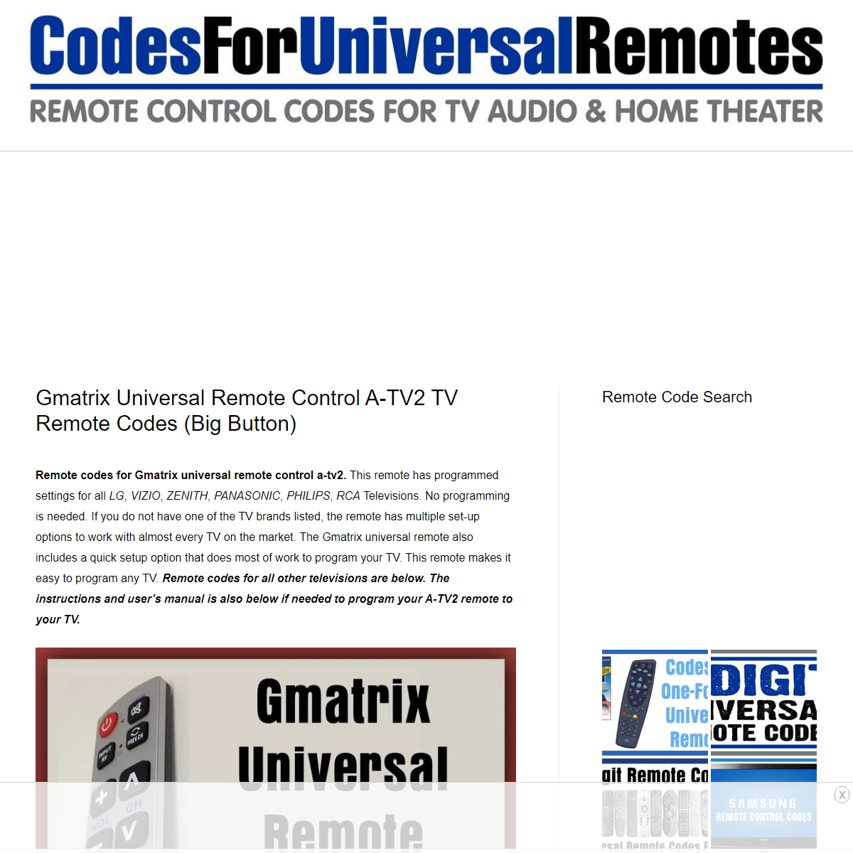 Gmatrix Universal Remote Control A-TV2 TV Remote Codes (Big Button) - Codes For Universal Remotes